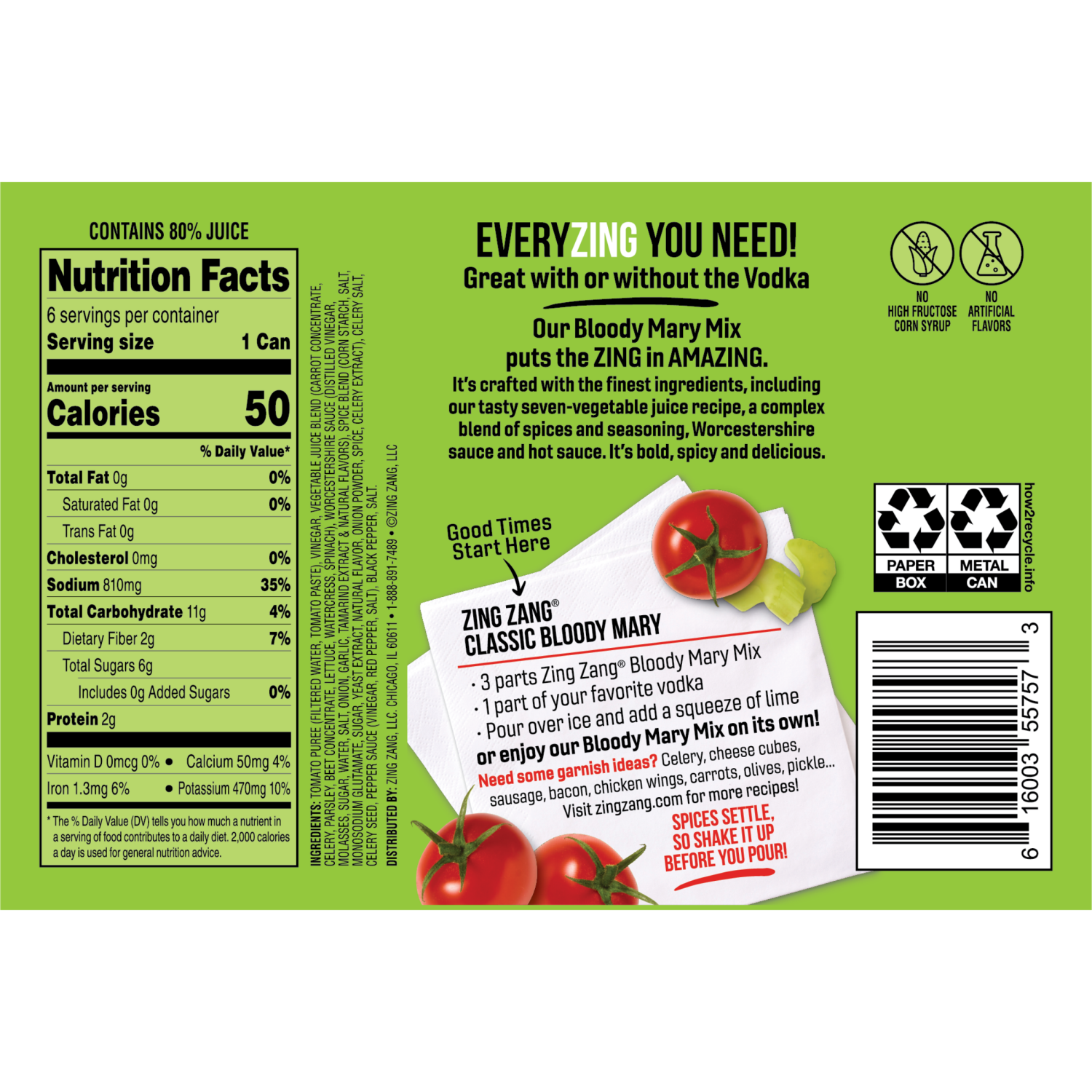 slide 2 of 2, Zing Zang Bloody Mary Mix, Non-Alcoholic Cocktail Mixer, 7.5 Fl Oz Cans (Pack of 6), 6 ct; 7.5 oz