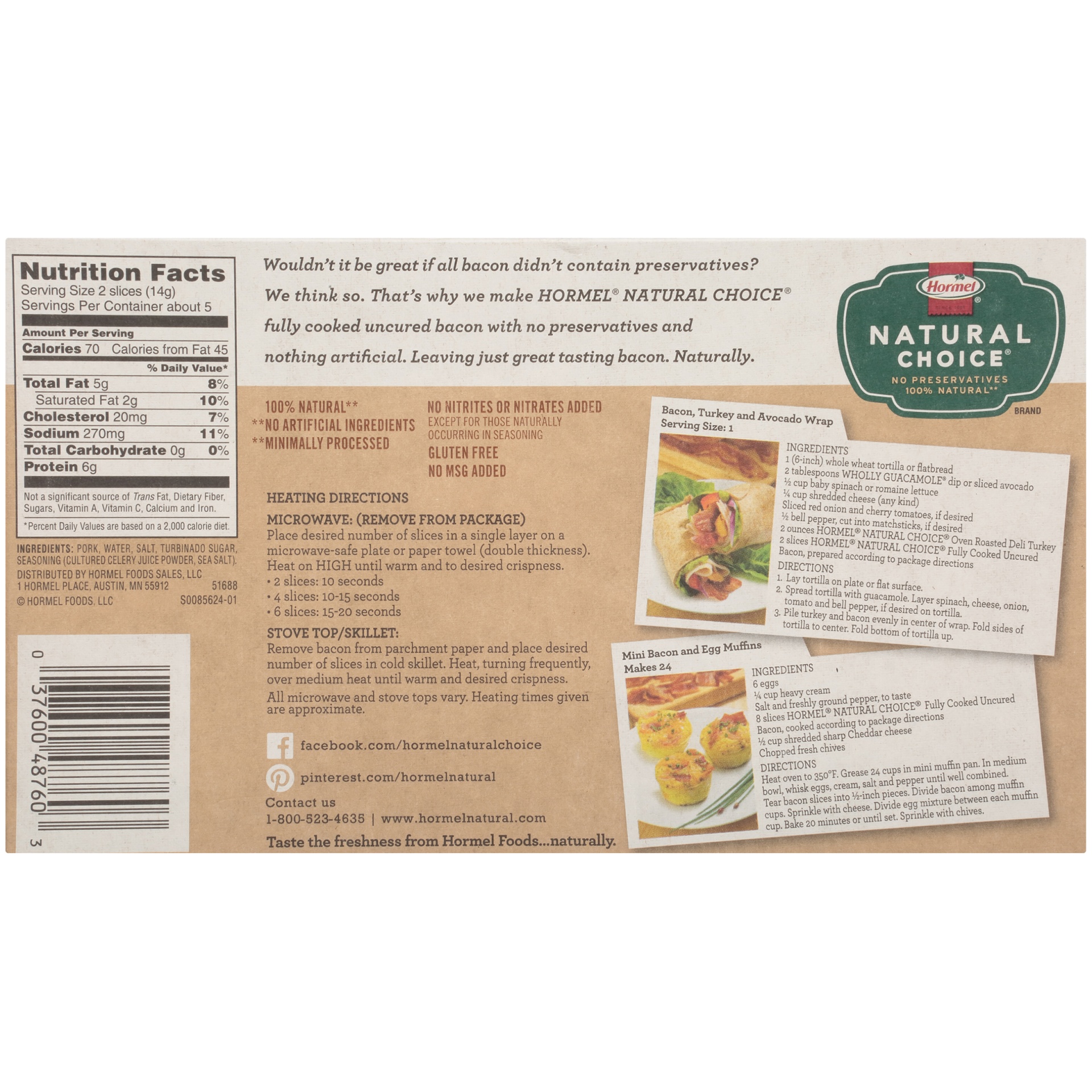 slide 4 of 8, Hormel NATURAL CHOICE Uncured Fully Cooked Bacon, 2.52 oz