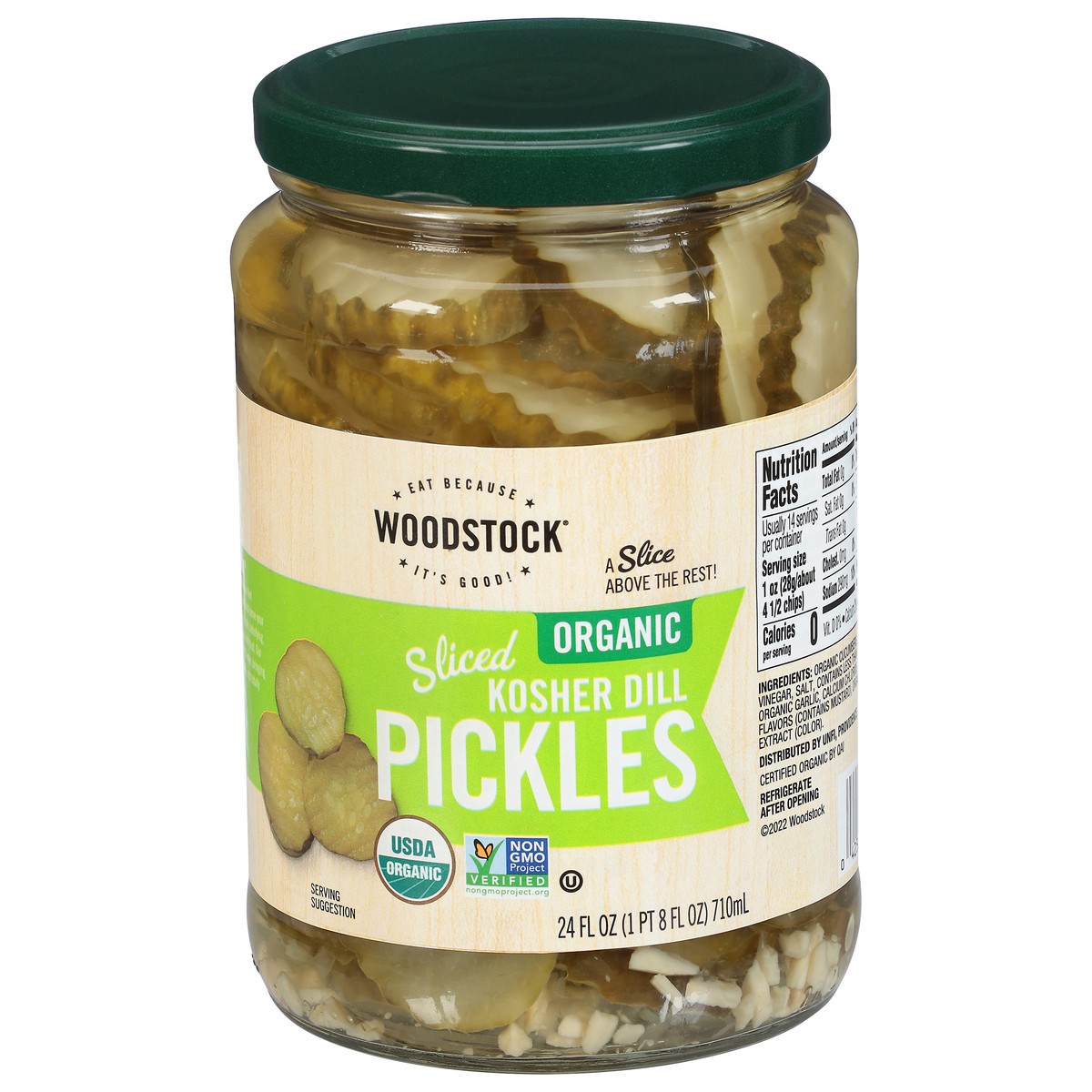 slide 3 of 9, Woodstock Pickles Kosher Slice Org, 24 oz