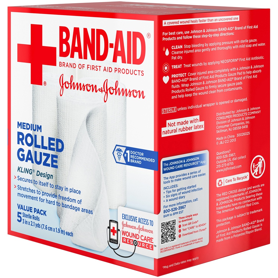 slide 3 of 6, BAND-AID Band Aid Brand Flexible Rolled Medical Gauze, 3 in x 2.1 yd, 5 ct, 