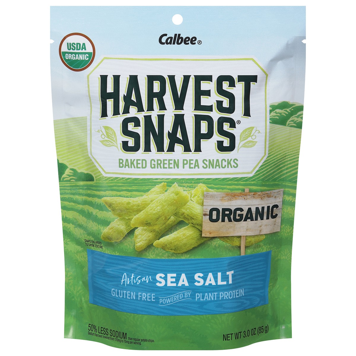 slide 1 of 9, Harvest Snaps Organic Artisan Sea Salt Baked Green Pea Snacks, 3 oz