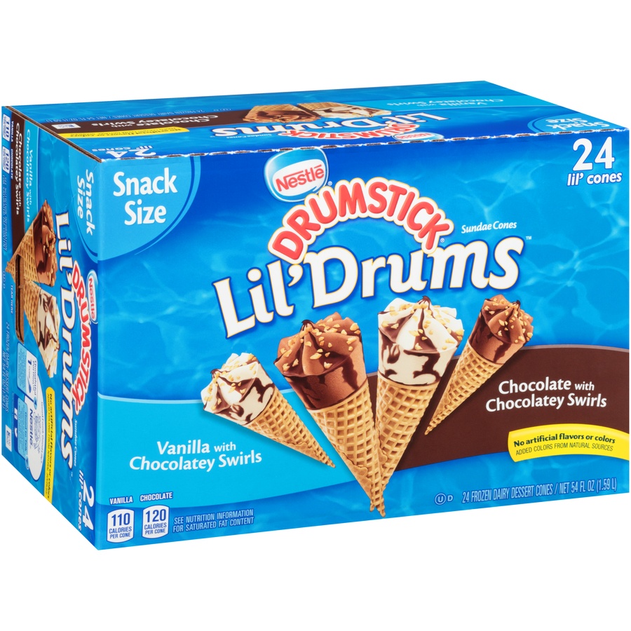 slide 3 of 8, Drumstick Nestle Drumstick Lil' Drums Vanilla And Chocolate With Chocolatey Swirls Sundae Cones Pack, 24 ct