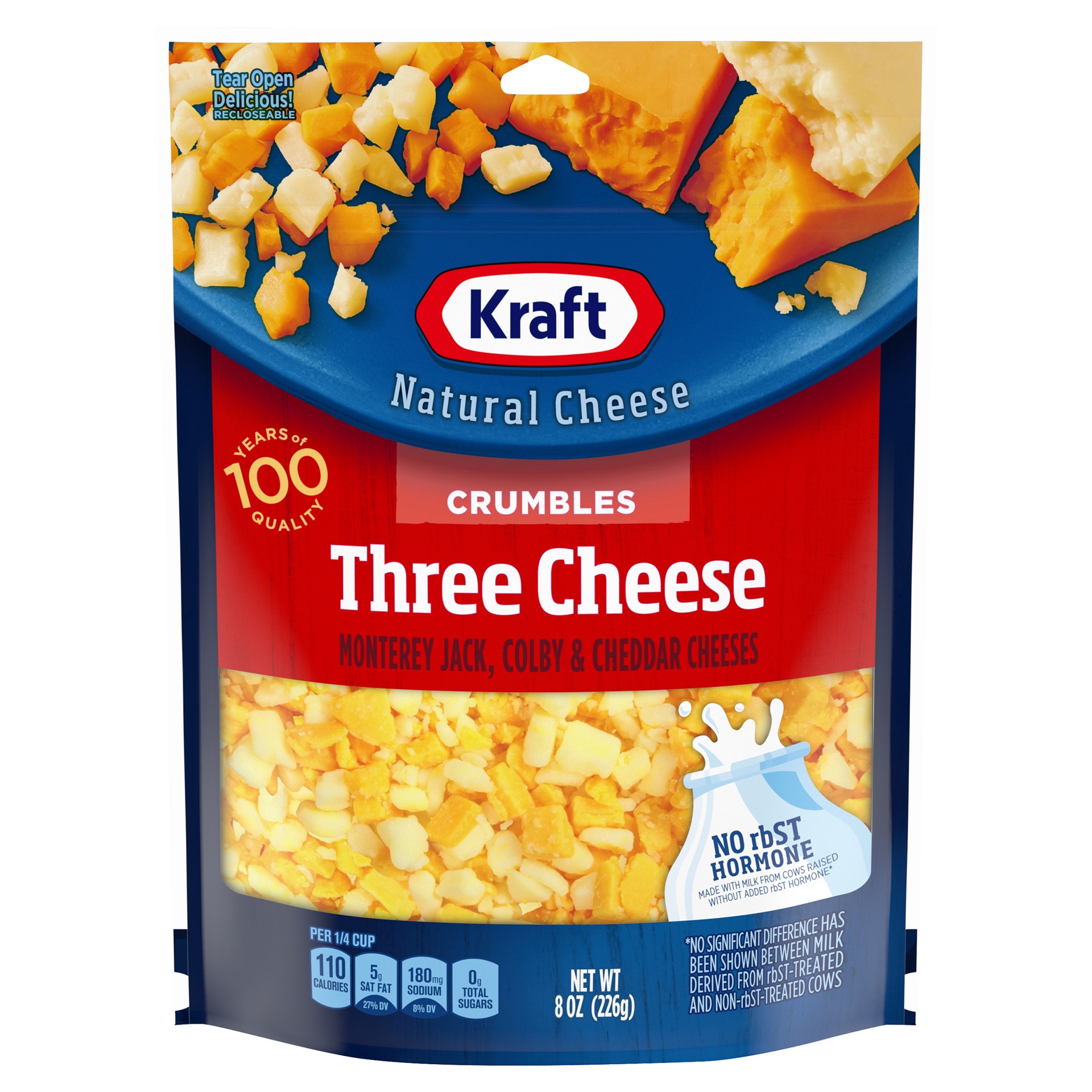 slide 1 of 13, Kraft Three Cheese Blend Cheese Crumbles, 8 oz Bag, 8 oz