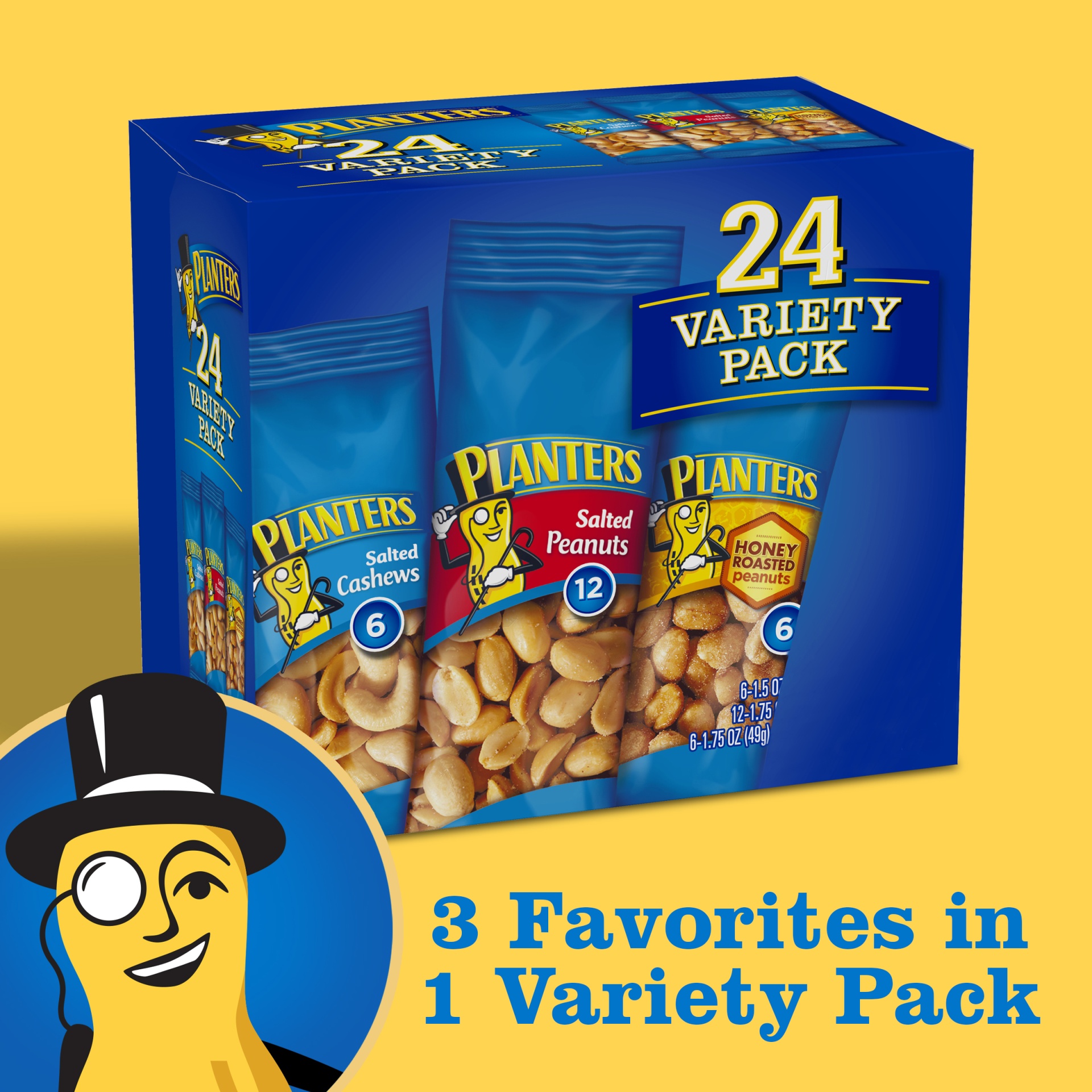 slide 7 of 15, Planters Salted Cashews, Salted Peanuts & Honey Roasted Peanuts Variety Pack Packs, 24 ct