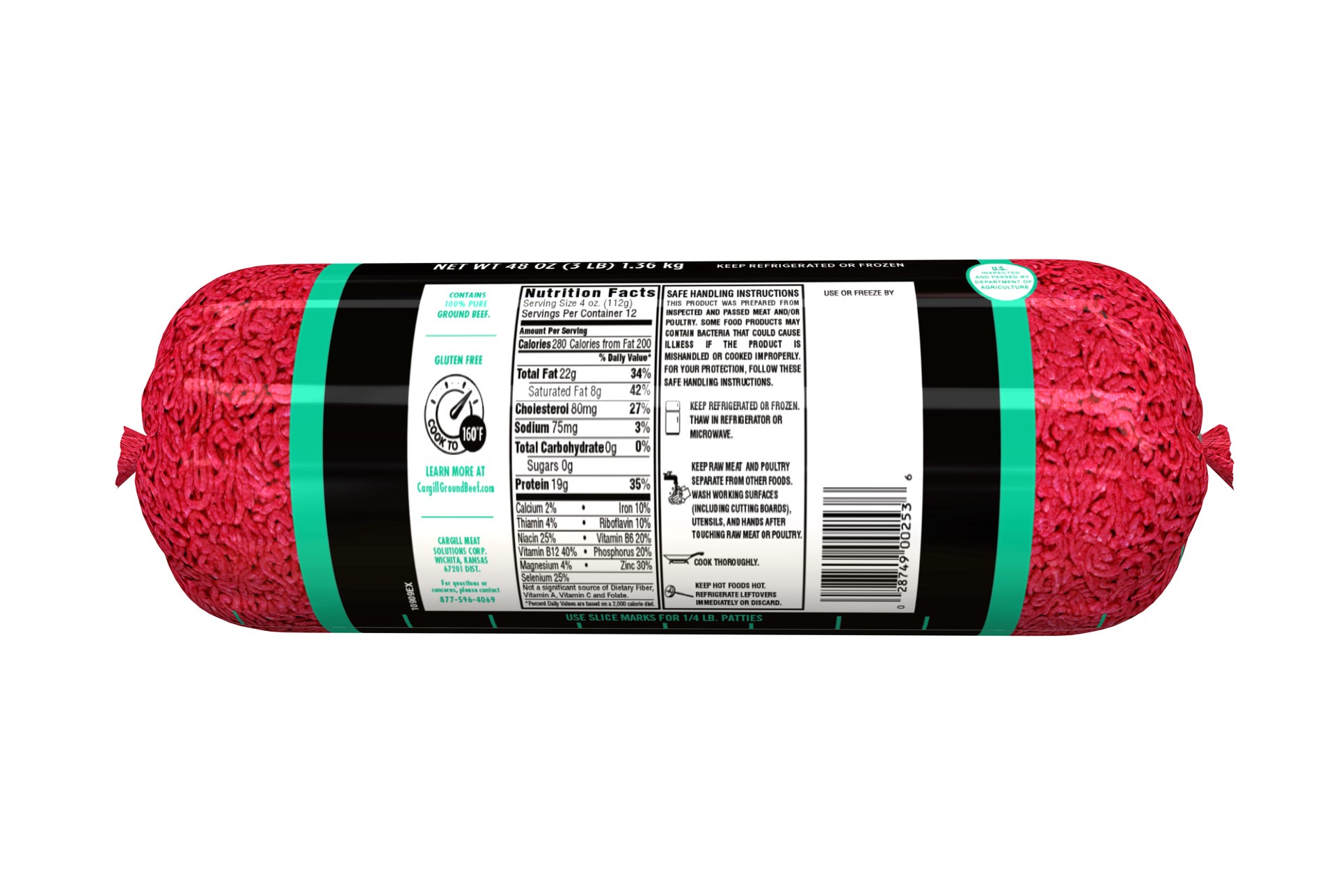 slide 2 of 5, Standard Pride 80% Lean / 20% Fat, Ground Beef Roll, 3 lb., 48 oz