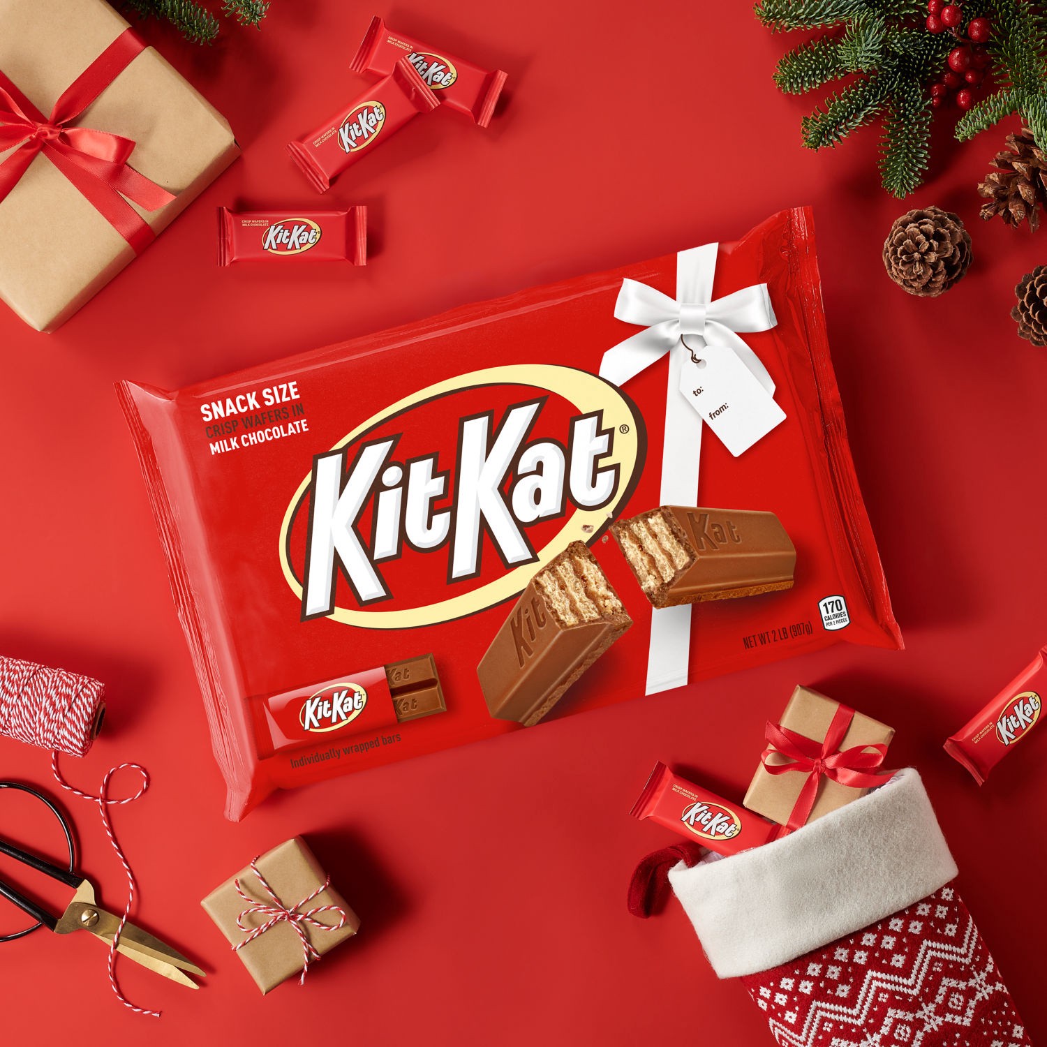 slide 6 of 8, KIT KAT Milk Chocolate Snack Size Wafer Candy Bars, Christmas, 32 oz, Bulk Bag, 32 oz