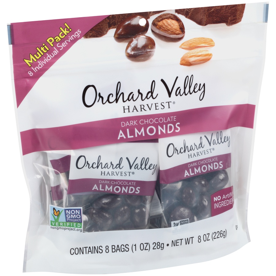 slide 2 of 8, Orchard Valley Harvest Dark Chocolate Almonds, 8 ct; 1 fl oz