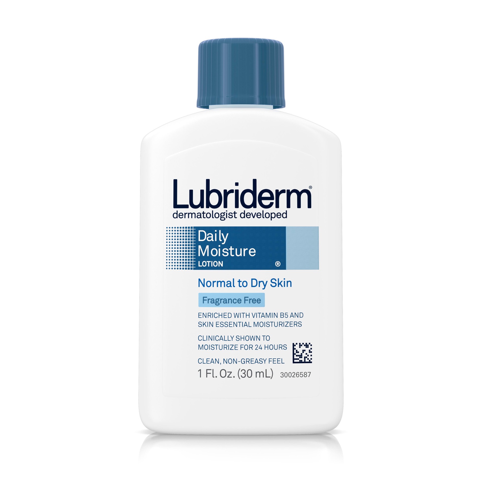 slide 5 of 5, Lubriderm Daily Moisture Hydrating Unscented Body Lotion with Pro-Vitamin B5 for Normal-to-Dry Skin for Healthy-Looking Skin, Non-Greasy and Fragrance-Free Lotion, 1 fl. oz, 1 fl oz