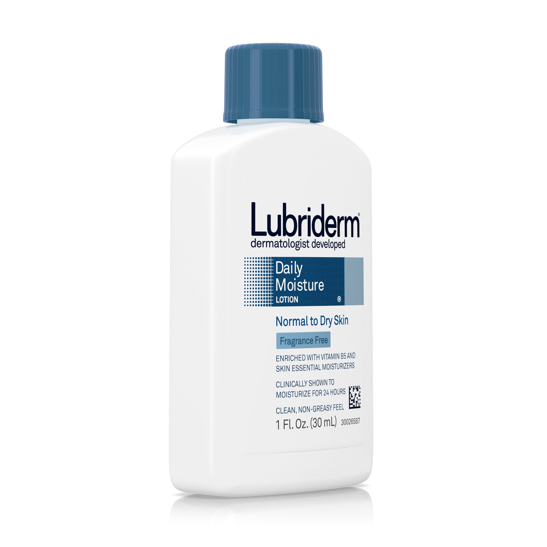 slide 4 of 5, Lubriderm Daily Moisture Hydrating Unscented Body Lotion with Pro-Vitamin B5 for Normal-to-Dry Skin for Healthy-Looking Skin, Non-Greasy and Fragrance-Free Lotion, 1 fl. oz, 1 fl oz