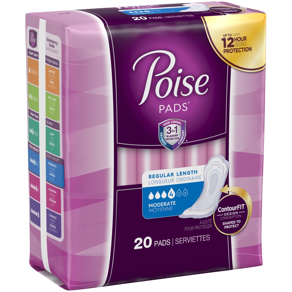 slide 2 of 3, Poise Incontinence Pads & Postpartum Incontinence Pads, 4 Drop Moderate Absorbency, Regular Length, 20 Count (Packaging May Vary), 20 ct