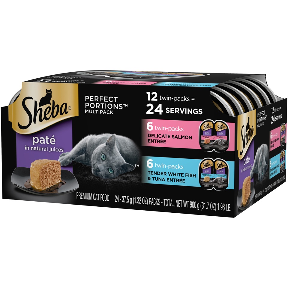 slide 3 of 9, Sheba Perfect Portions Pate Salmon, White Fish & Tuna Premium Wet Cat Food All Stages - 2.6oz/12ct Variety Pack, 2.6 oz