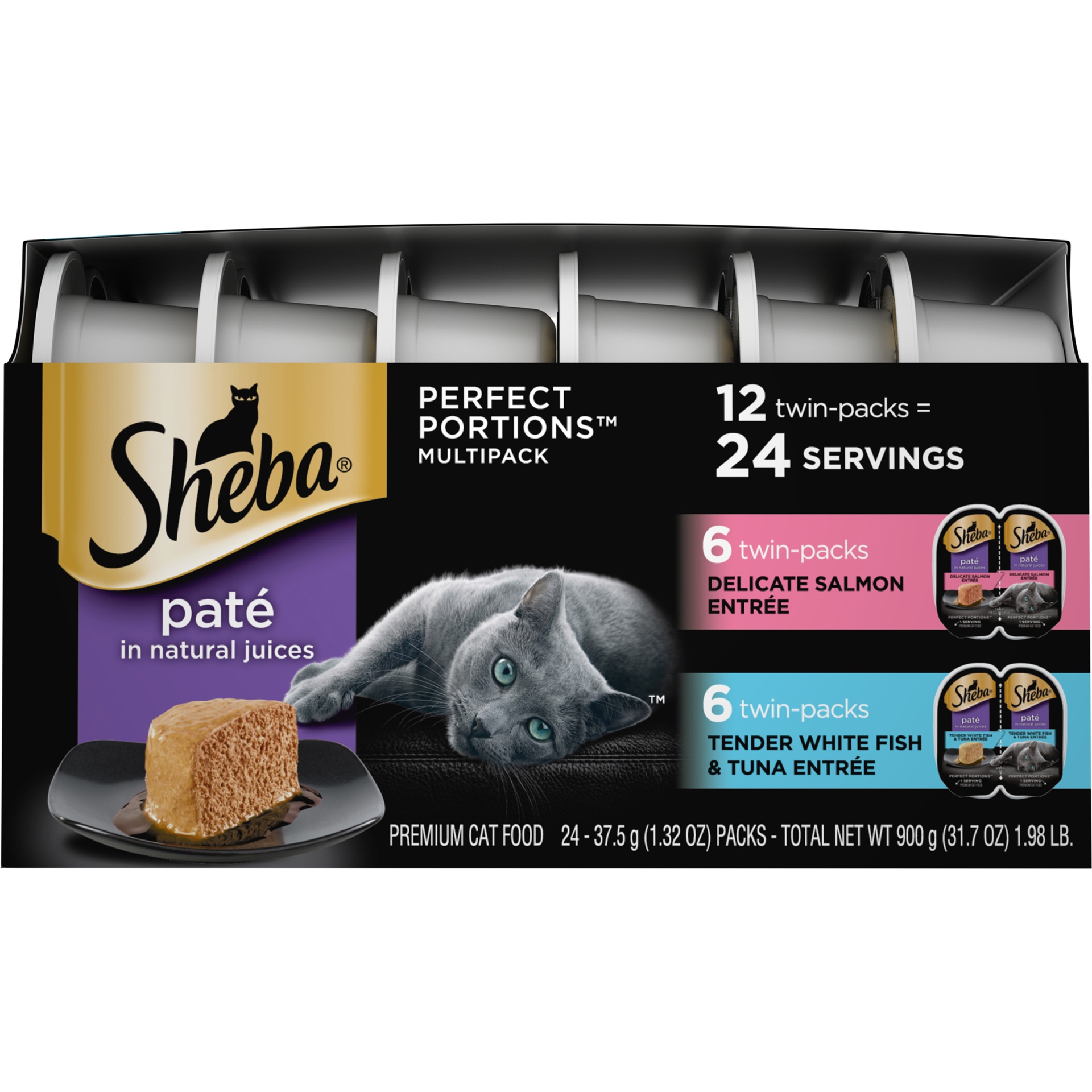slide 5 of 9, Sheba Perfect Portions Pate Salmon, White Fish & Tuna Premium Wet Cat Food All Stages - 2.6oz/12ct Variety Pack, 2.6 oz