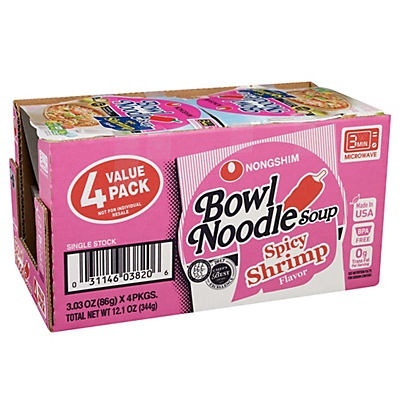 slide 1 of 1, Nongshim Bowl Noodle Soup Spicy Shrimp Flavor, 4 ct