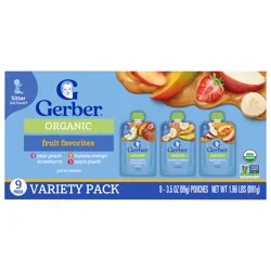 Gerber Stage 2 Baby Food, Organic Fruit Favorites Puree Pouches, Variety Pack, 9PK