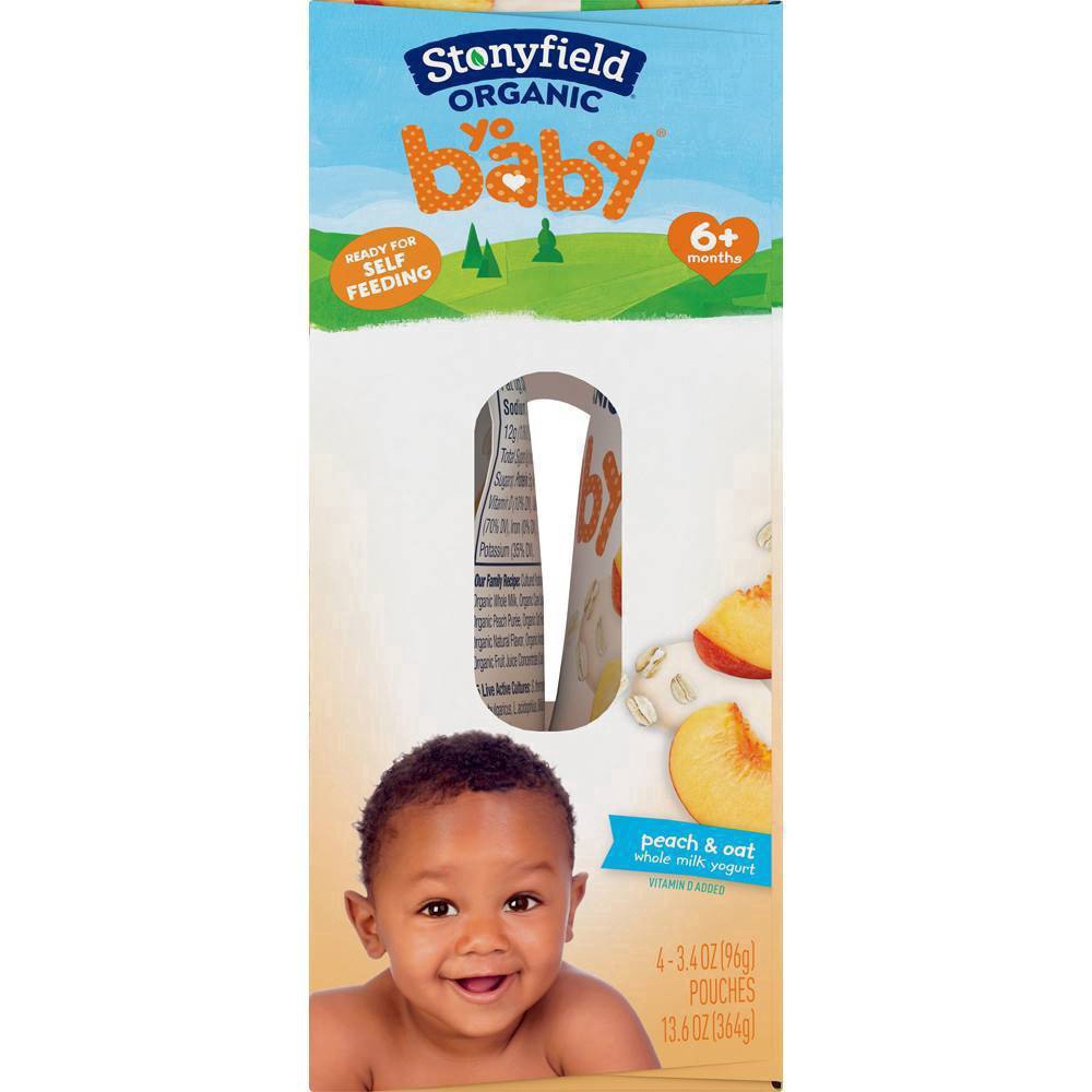 slide 4 of 7, Stonyfield Organic YoBaby Peach & Oat Whole Milk Baby Yogurt, 3.4 oz Pouches, 4 ct Pack, 4 ct