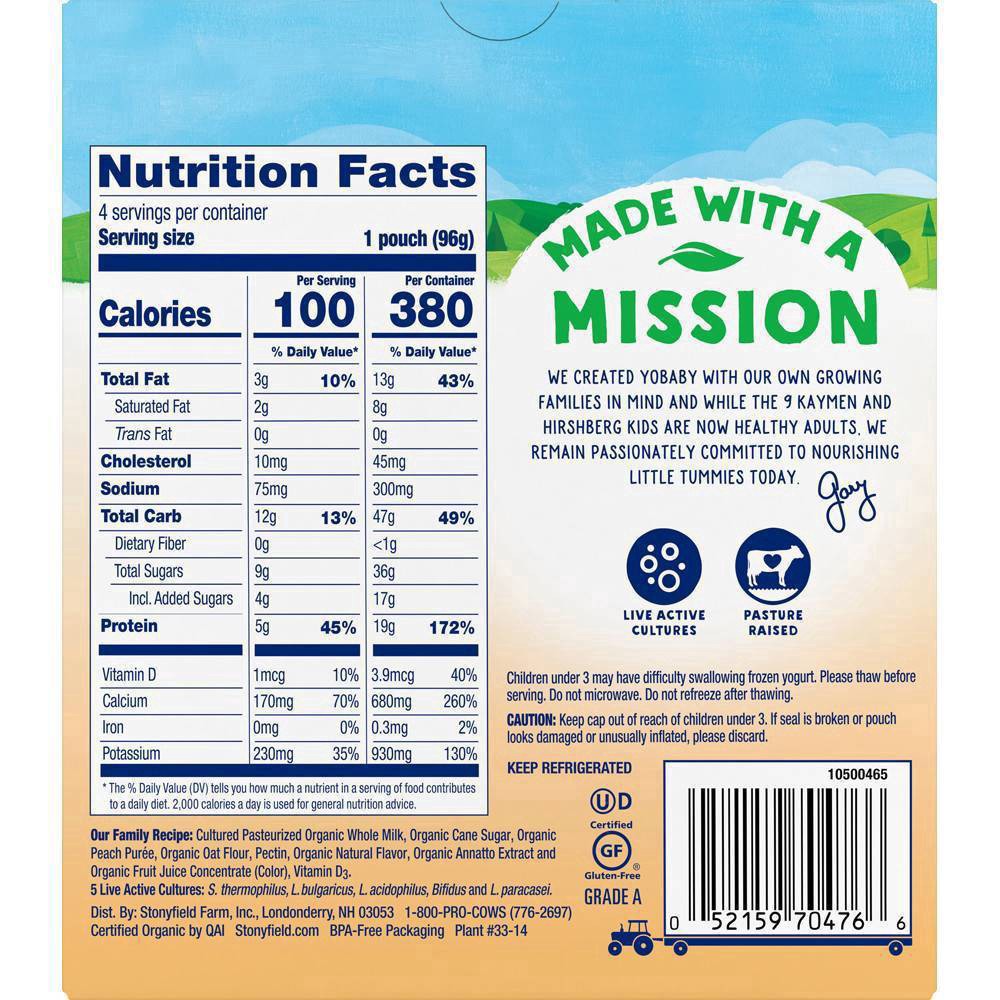 slide 5 of 7, Stonyfield Organic YoBaby Peach & Oat Whole Milk Baby Yogurt, 3.4 oz Pouches, 4 ct Pack, 4 ct