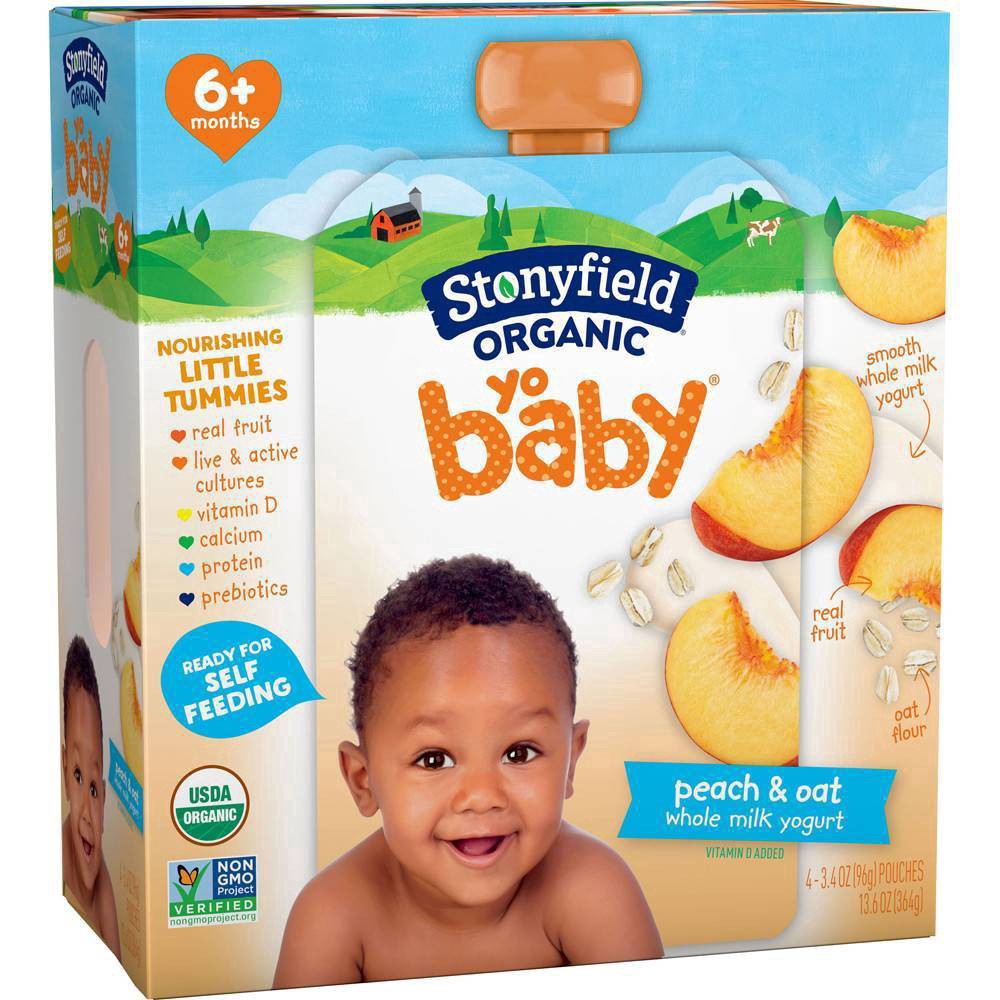 slide 2 of 7, Stonyfield Organic YoBaby Peach & Oat Whole Milk Baby Yogurt, 3.4 oz Pouches, 4 ct Pack, 4 ct