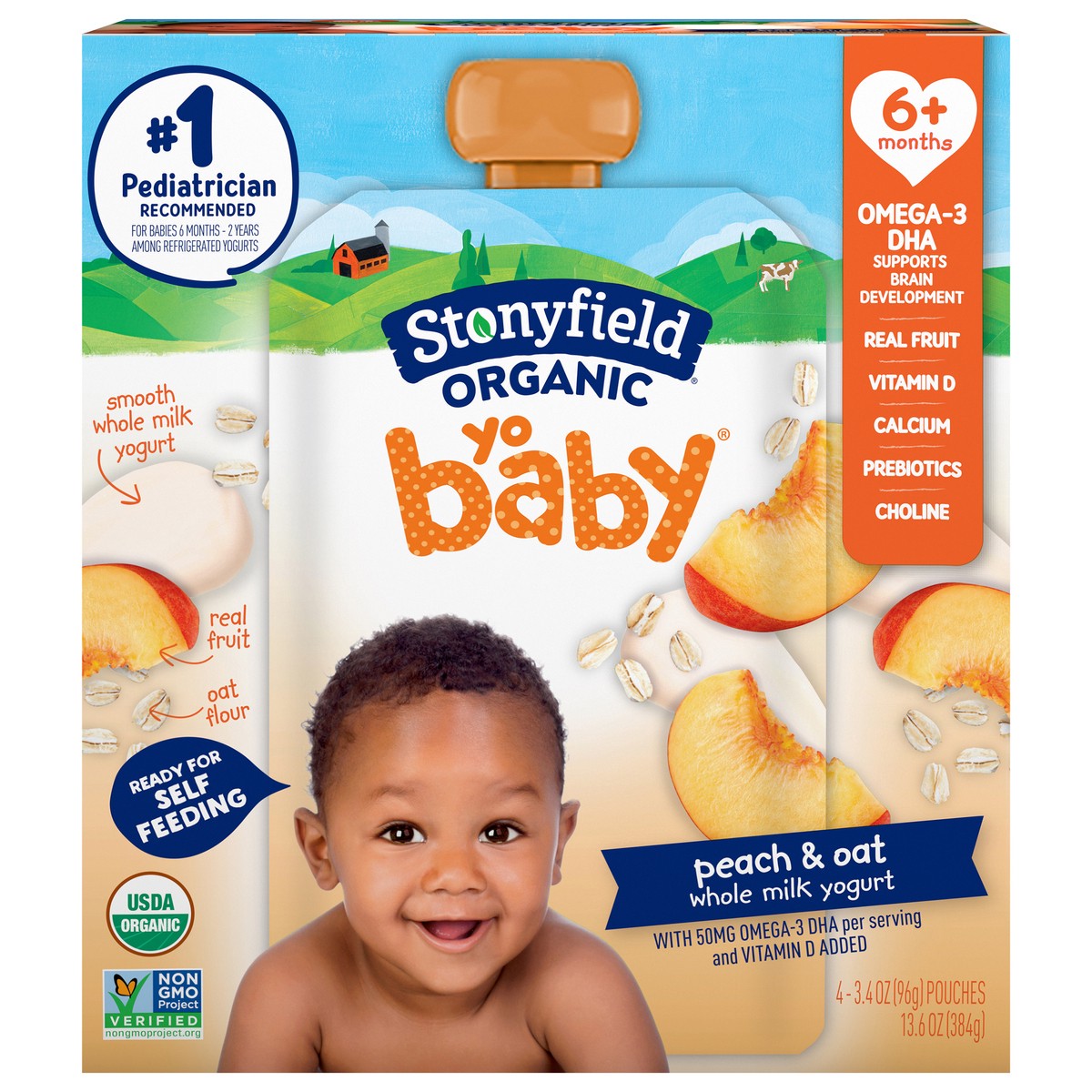 slide 1 of 7, Stonyfield Organic Yo Baby Organic Whole Milk Peach & Oat Yogurt 4 - 3.4 oz Pouch, 4 ct