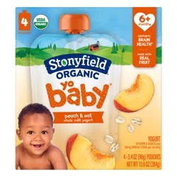 Stonyfield Organic YoBaby Peach & Oat Whole Milk Baby Yogurt, 3.4 oz Pouches, 4 ct Pack