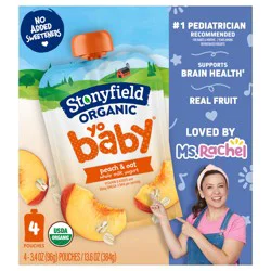 Stonyfield Organic YoBaby Peach & Oat Whole Milk Baby Yogurt, 3.4 oz Pouches, 4 ct Pack