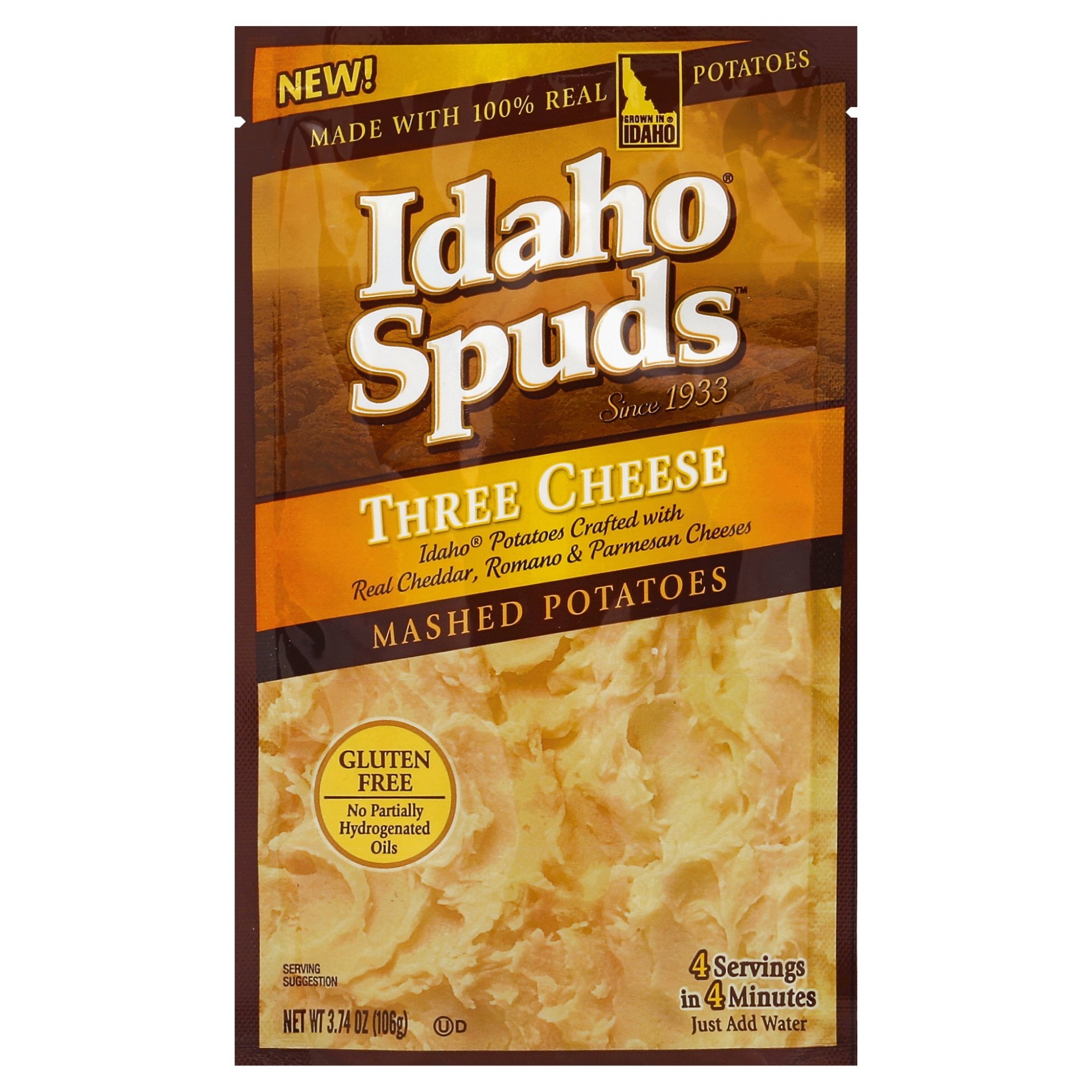 slide 1 of 1, Idaho Spuds Four Cheese Mashed Potatoes, 3.74 oz