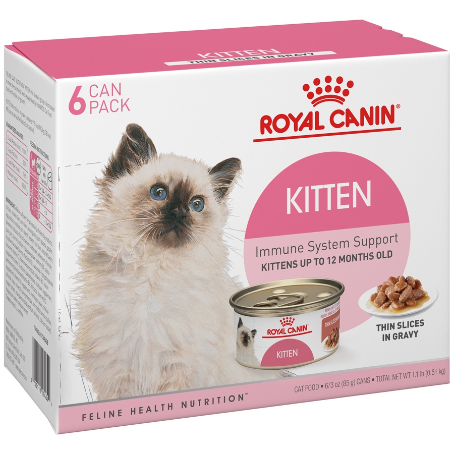 slide 8 of 9, Royal Canin Feline Health Nutrition Kitten Thin Slices in Gravy Canned Cat Food, 3 oz cans 6-pack, 6 ct