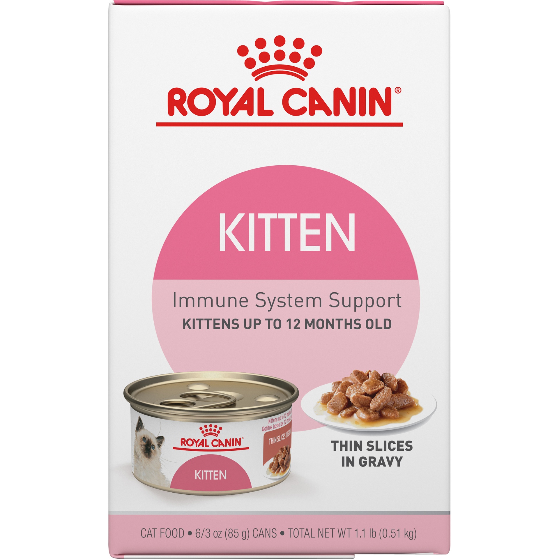 slide 3 of 9, Royal Canin Feline Health Nutrition Kitten Thin Slices in Gravy Canned Cat Food, 3 oz cans 6-pack, 6 ct