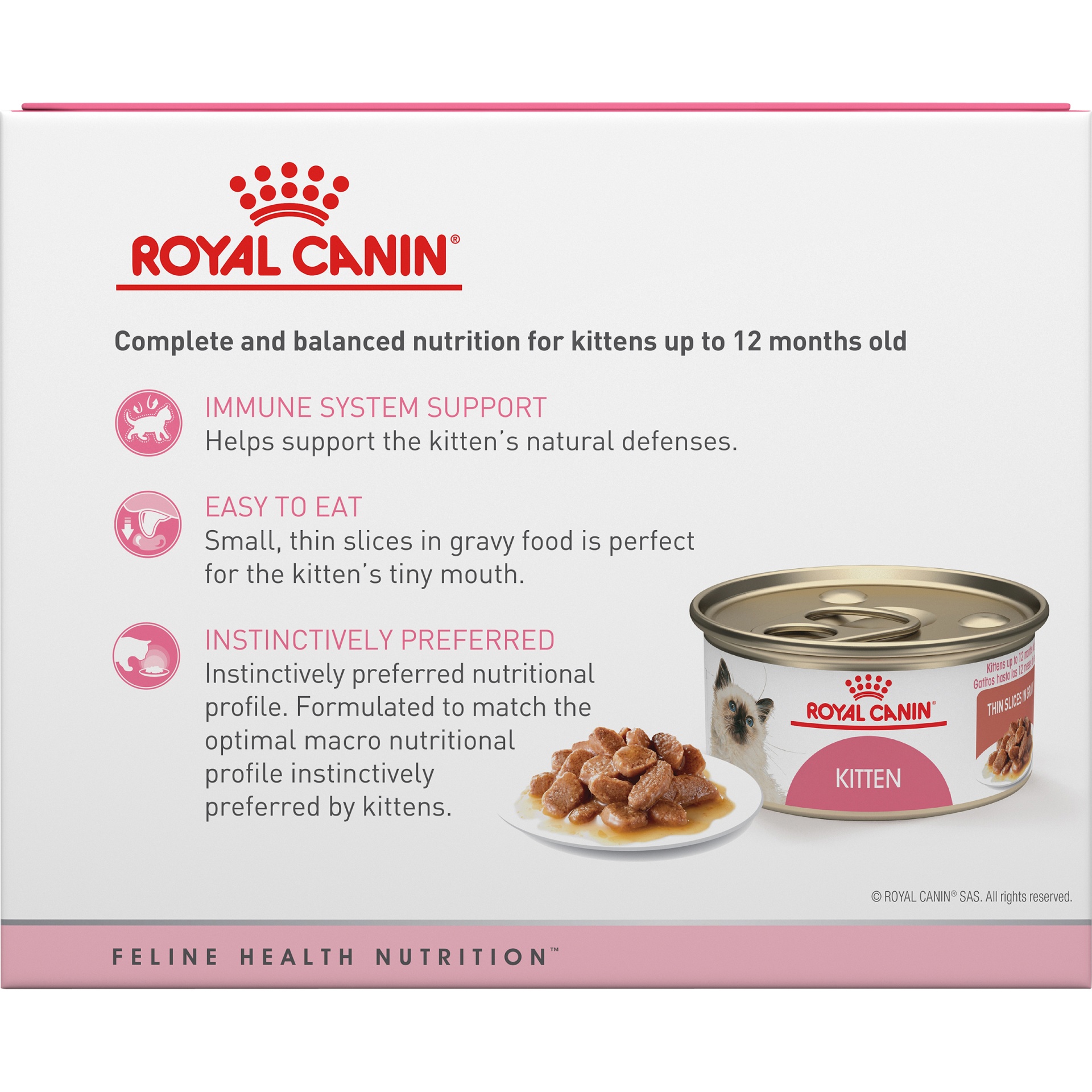 slide 4 of 9, Royal Canin Feline Health Nutrition Kitten Thin Slices in Gravy Canned Cat Food, 3 oz cans 6-pack, 6 ct