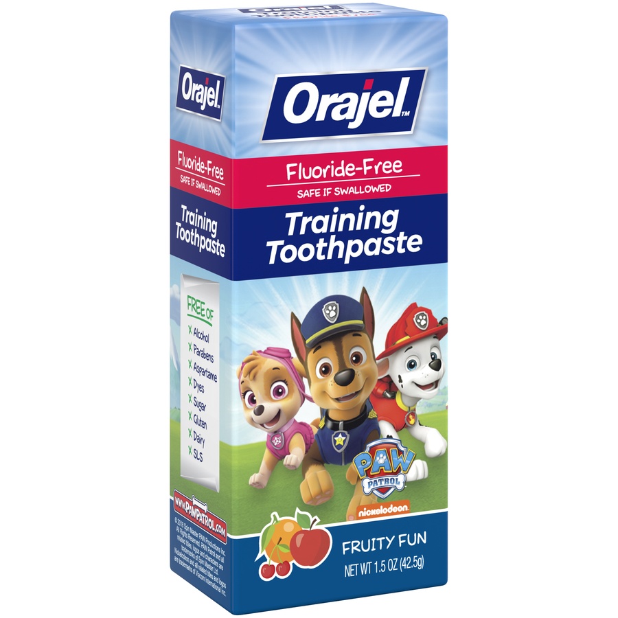 slide 2 of 4, Orajel Fluoride Free Fruity Fun Training Toothpaste , 1.5 oz