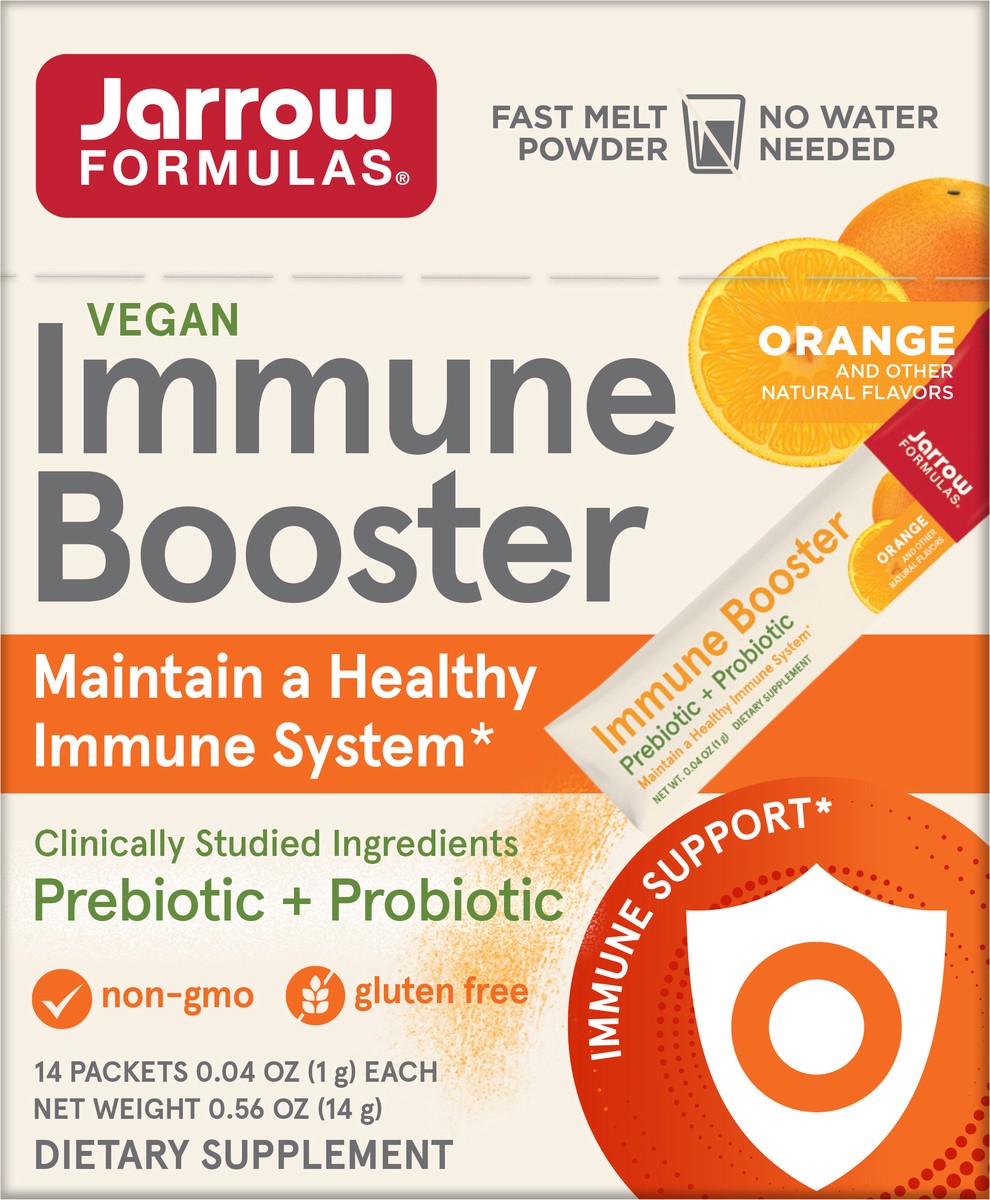slide 5 of 6, Jarrow Formulas Immune Booster - 2 Clinically Studied Strains - Prebiotic + Probiotic Dietary Supplement - 1 Billion CFUs - On-The-Go - Immune System Support - Orange Flavored Supplement - 14 Stick Packs, 14 ct