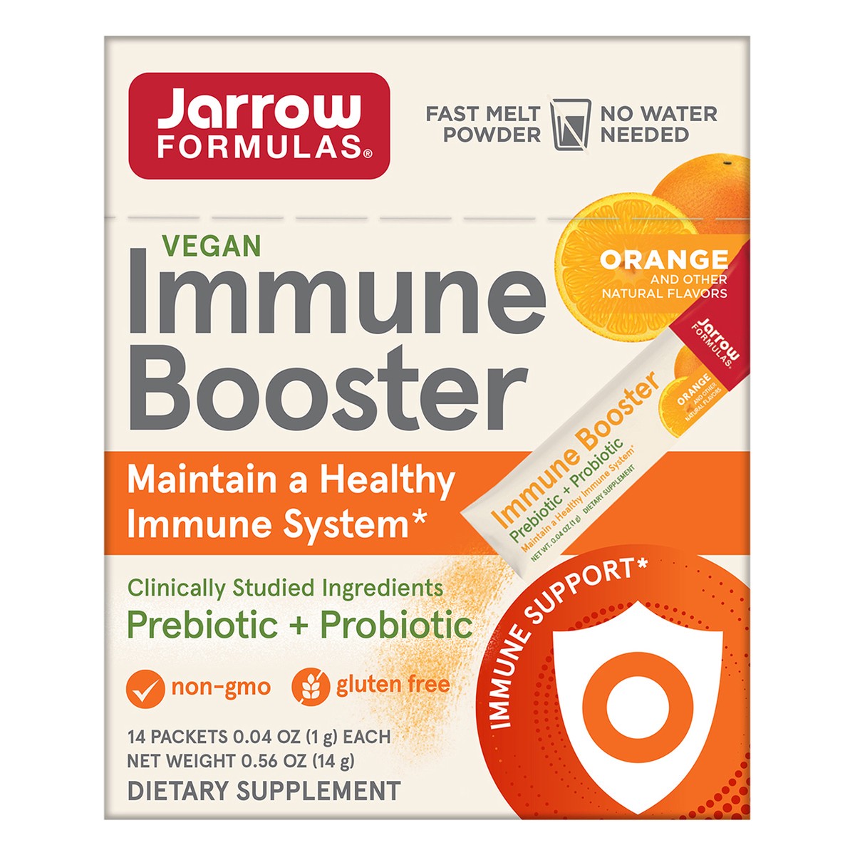 slide 4 of 6, Jarrow Formulas Immune Booster - 2 Clinically Studied Strains - Prebiotic + Probiotic Dietary Supplement - 1 Billion CFUs - On-The-Go - Immune System Support - Orange Flavored Supplement - 14 Stick Packs, 14 ct