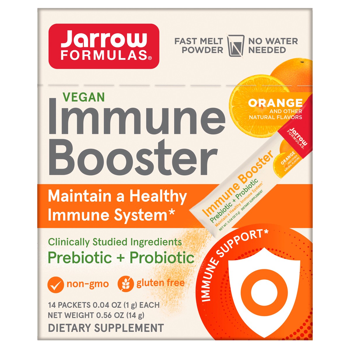 slide 1 of 6, Jarrow Formulas Immune Booster - 2 Clinically Studied Strains - Prebiotic + Probiotic Dietary Supplement - 1 Billion CFUs - On-The-Go - Immune System Support - Orange Flavored Supplement - 14 Stick Packs, 14 ct