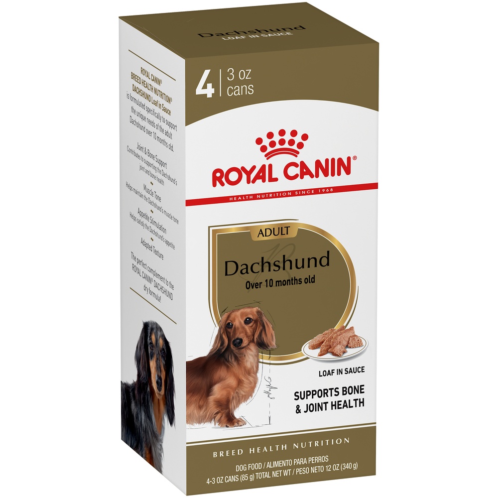 slide 6 of 9, Royal Canin Breed Health Nutrition Dachshund Loaf in Sauce Dog Food Multipack, 4 ct; 3 oz