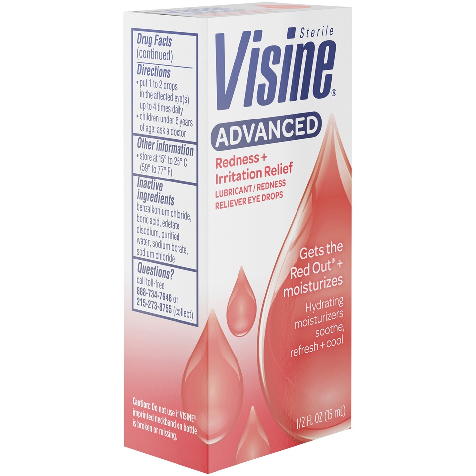 slide 5 of 6, VISINE ADVANCED Redness + Irritation Relief Eye Drops, 0.5 Fl. Oz, 5 oz