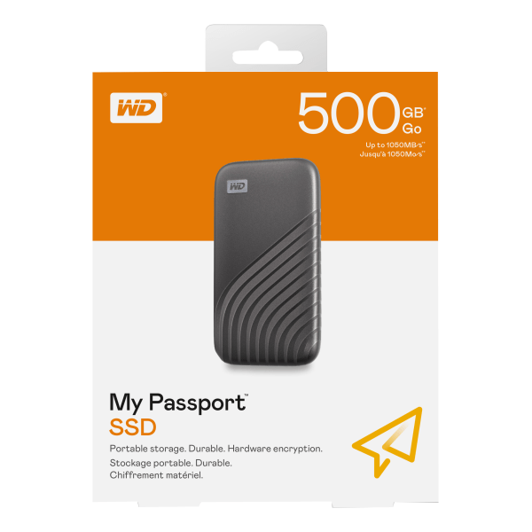 slide 7 of 9, Western Digital Wd My Passport Ssd Wdbagf5000Agy - Solid State Drive - Encrypted - 500 Gb - External (Portable) - Usb 3.2 Gen 2 (Usb-C Connector) - 256-Bit Aes - Gray, 1 ct