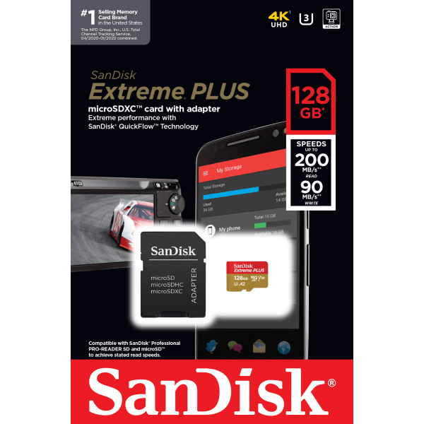 slide 2 of 7, SanDisk Extreme PLUS microSDXC UHS-I Card with Adapter, 128 gram