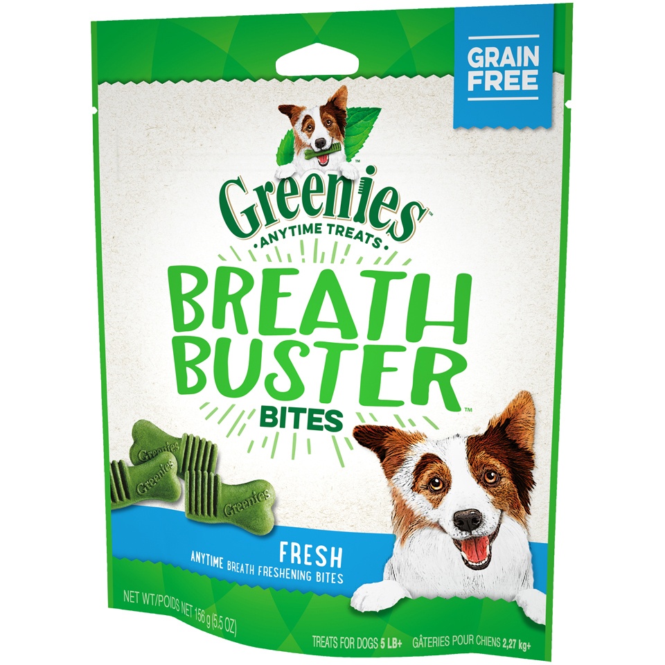 slide 3 of 9, Greenies BREATH BUSTER Bites Fresh Flavor Treats for Dogs, 5.5 oz