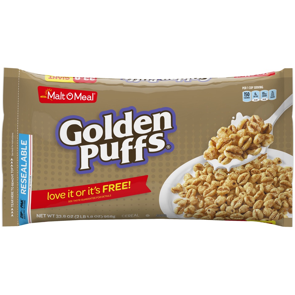 slide 1 of 6, Malt-O-Meal Golden Puffs Cereal Zippak, 33.8 oz