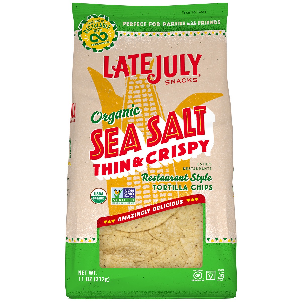 slide 1 of 9, Late July Snacks Sea Salt Thin & Crispy Tortilla Chips, 11 oz