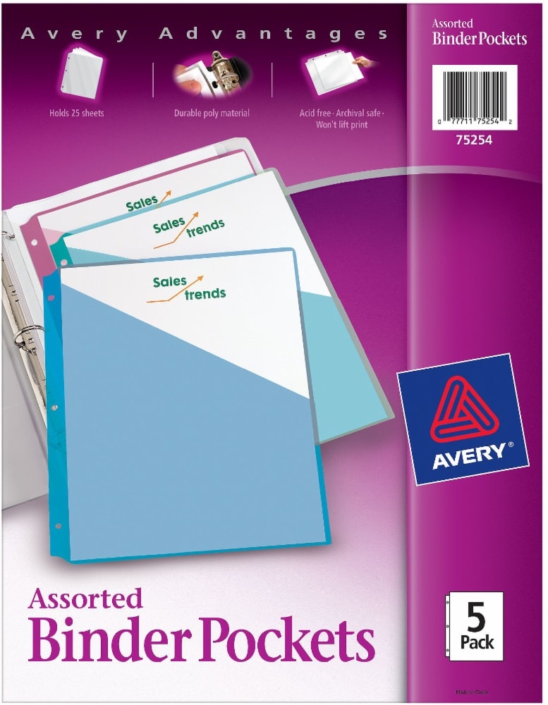 slide 1 of 1, Avery Advantages Binder Pocket - Assorted, 5 ct