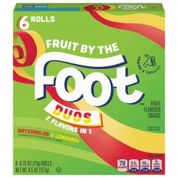 Fruit By The Foot Splitz Fruit Flavored Snacks, Watermelon and Lemonade, 6 Rolls, 4.5 oz
