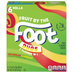 Fruit By The Foot Duos, Fruit Flavored Snacks, Watermelon & Lemonade, 6-0.75 Oz Rolls