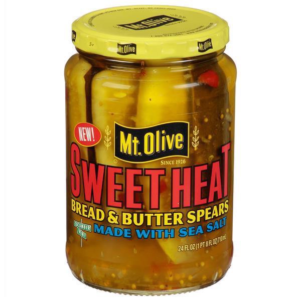 slide 1 of 1, Mt Olive Sweet Heat Bread & Butter Spears Pickles, 24 oz