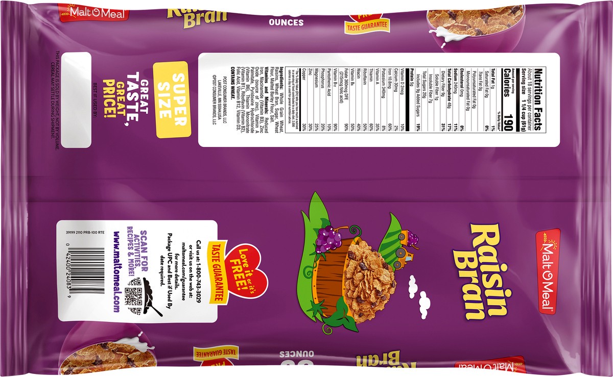 slide 5 of 7, Malt-O-Meal Raisin Bran Cereal, Family Size Breakfast Cereal, 39 OZ Bag, 39 oz