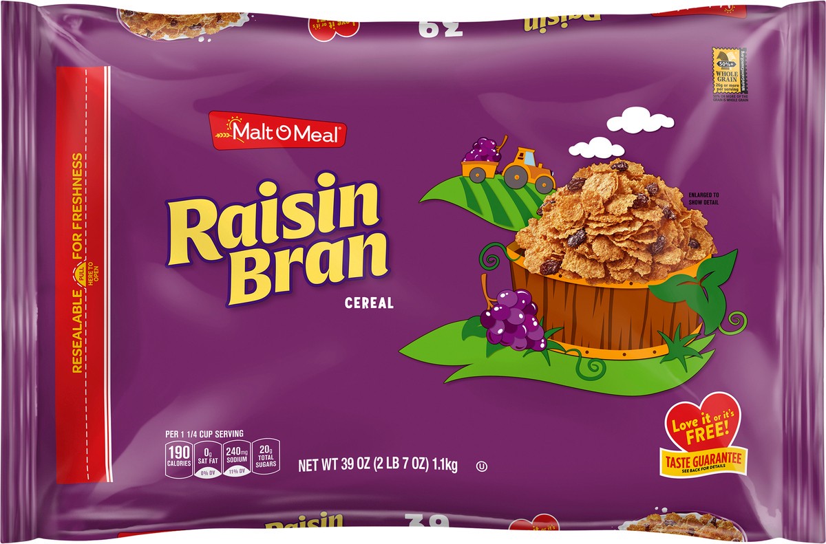 slide 7 of 7, Malt-O-Meal Raisin Bran Cereal, Family Size Breakfast Cereal, 39 OZ Bag, 39 oz