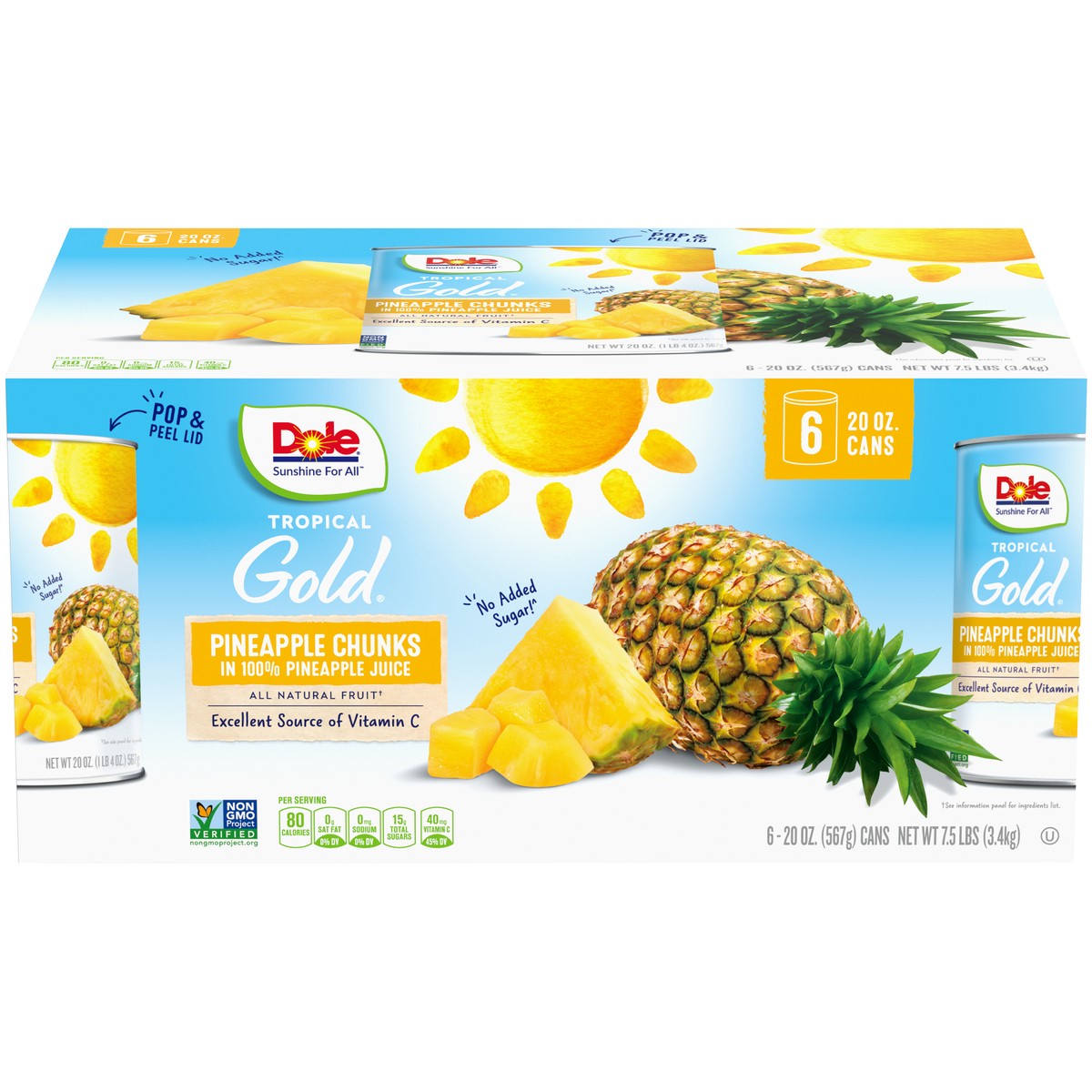 slide 1 of 9, Dole Tropical Gold Pineapple Chunks in 100% Pineapple Juice 6-20 oz. Cans, 7.5 lb