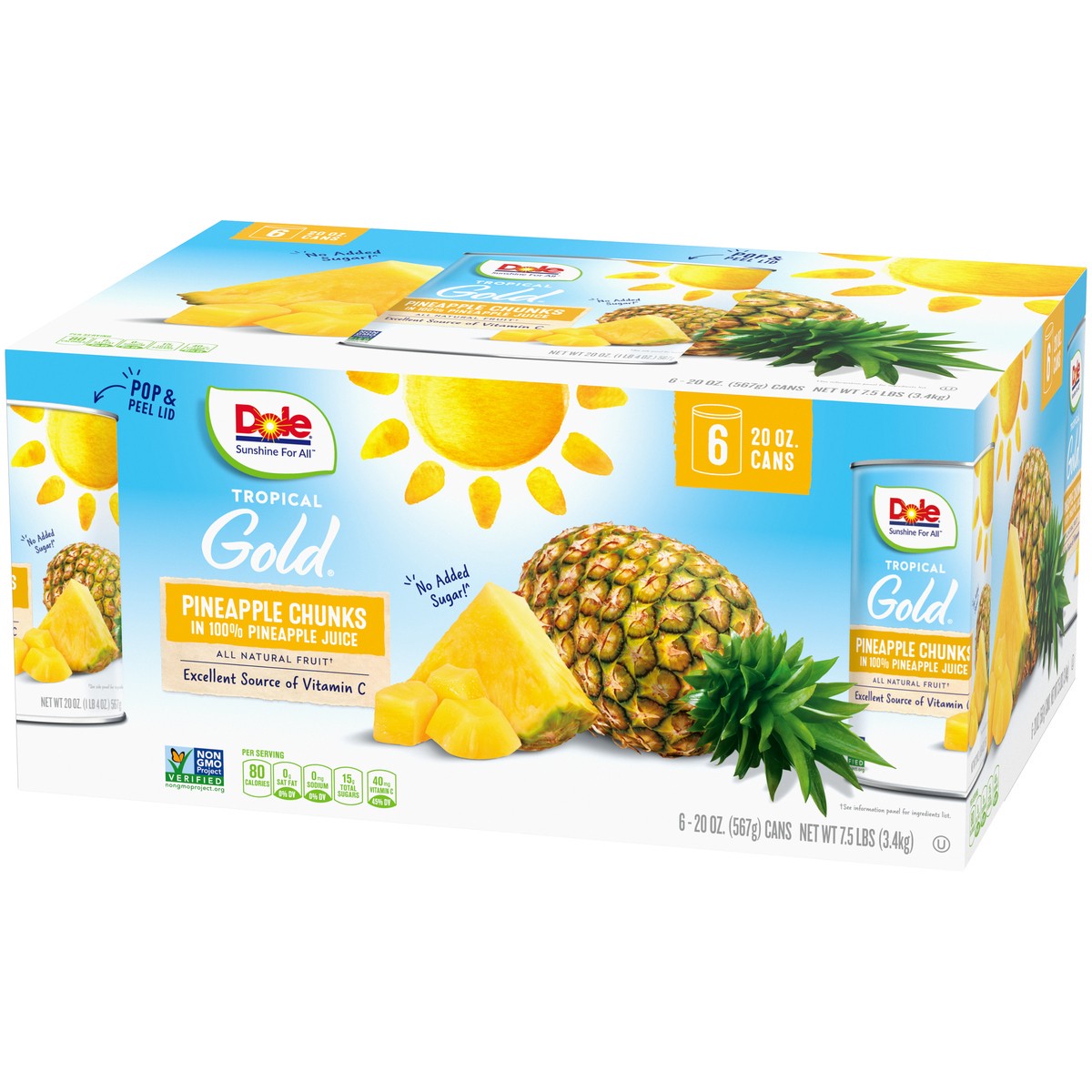 slide 3 of 9, Dole Tropical Gold Pineapple Chunks in 100% Pineapple Juice 6-20 oz. Cans, 7.5 lb