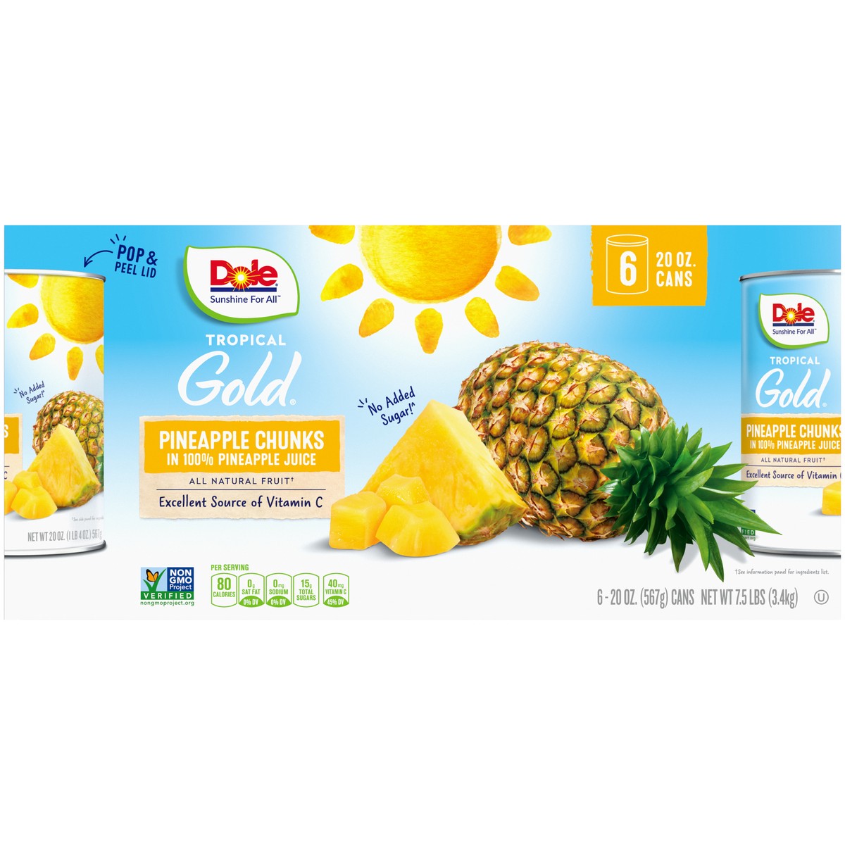 slide 6 of 9, Dole Tropical Gold Pineapple Chunks in 100% Pineapple Juice 6-20 oz. Cans, 7.5 lb