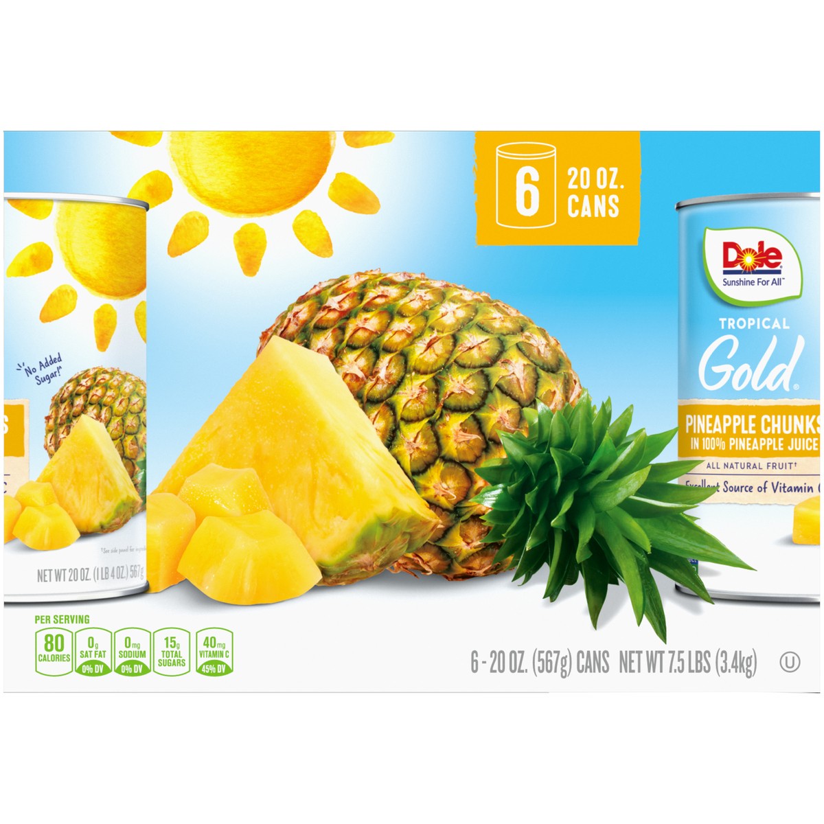 slide 7 of 9, Dole Tropical Gold Pineapple Chunks in 100% Pineapple Juice 6-20 oz. Cans, 7.5 lb