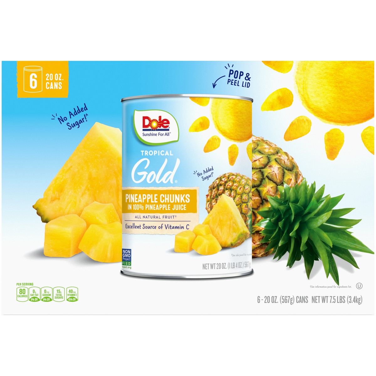 slide 9 of 9, Dole Tropical Gold Pineapple Chunks in 100% Pineapple Juice 6-20 oz. Cans, 7.5 lb